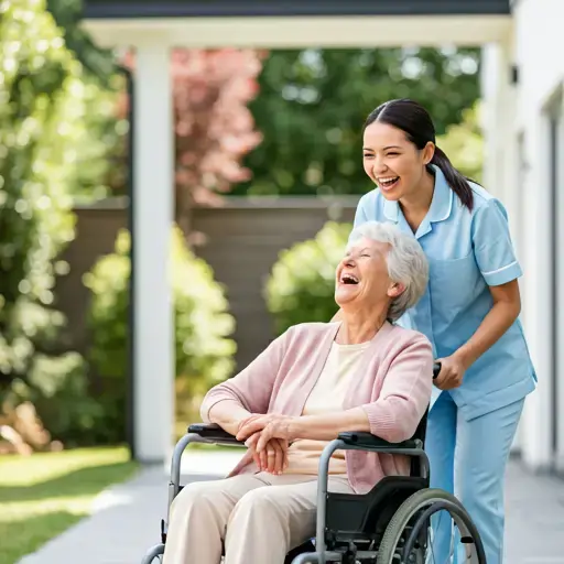 Young female caregiver laughing with an elderly woman in a wheelchair